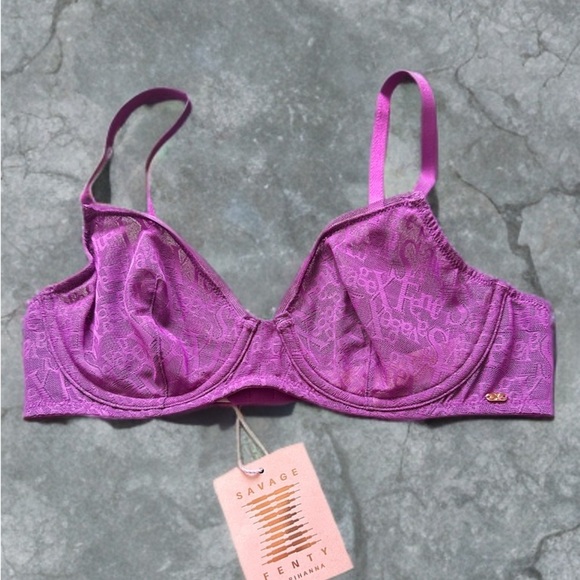NWT Savage X Fenty Signature Script Unlined Lace Bra Purple Gem 34B - Picture 1 of 8